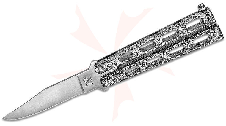 Bear & Son 113 Butterfly Knife 3.4 inch Satin Clip Point Blade, Silver Vein Steel Handles