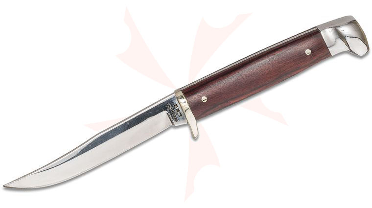 Bear & Son Fin Fixed Blade Knife 3.15 inch Polished Clip Point, Rosewood Handles w/ Nickel Silver Bolsters, Leather Sheath