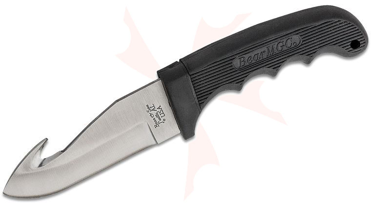 Bear & Son Guthook w/ Kraton Handle & Leather Sheath - 8.375 inch Overall