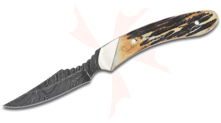 Bear & Son Caper Fixed 2.5 inch Damascus Blade, Genuine India Stag Bone Handles, Leather Sheath