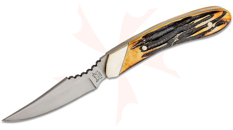 Bear & Son Caper Fixed 2.5 inch Stainless Steel Blade, Genuine India Stag Bone Handles, Leather Sheath