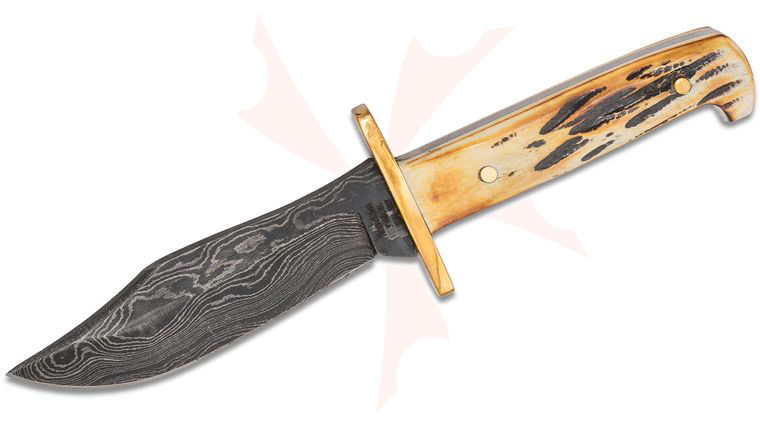 Bear & Son Baby Bowie 3 inch Damascus Blade, Genuine India Stag Bone Handles, Leather Sheath