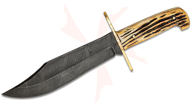Bear & Son Baby Bowie 7 inch Damascus Blade, Genuine India Stag Bone Handles, Leather Sheath