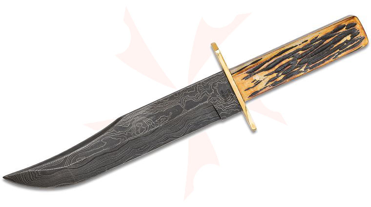 Bear & Son 7.5 inch Bowie Damascus Steel Blade, Genuine India Stag Bone Handles