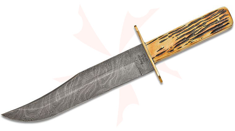 Bear & Son Bowie 9 inch Damascus Blade, Genuine India Stag Bone Handles