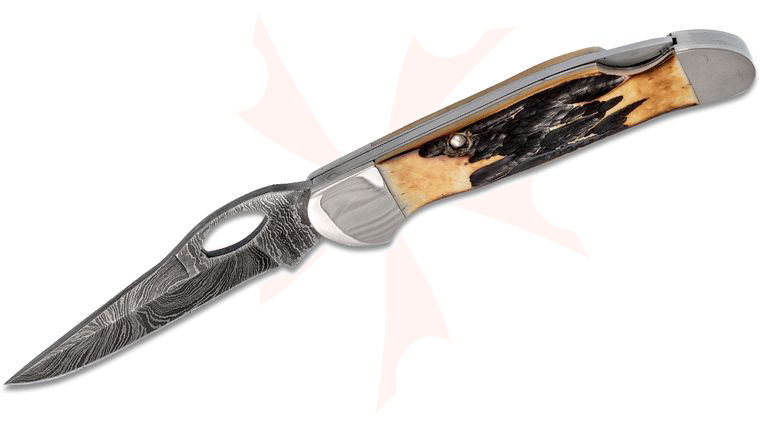 Bear & Son Cowhand Folding Knife 2.875 inch Damascus Plain Blade, Genuine India Stag Bone Handles