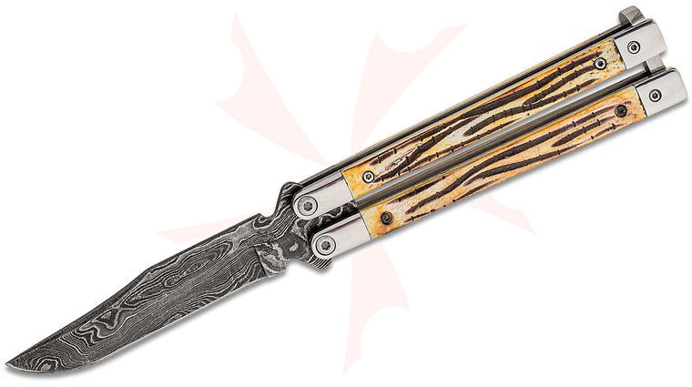 Bear & Son 517D Balisong Butterfly Knife 3.5 inch Damascus Blade, Genuine India Stag Bone Handles