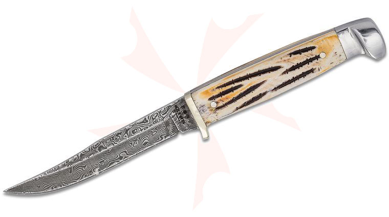 Bear & Son Fin Fixed Blade Knife 3.15 inch Damascus Clip Point, Genuine India Stag Handles w/ Nickel Silver Bolsters, Leather Sheath