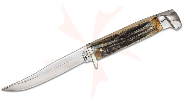 Bear & Son Fin Fixed Blade Knife 3.15 inch Polished Clip Point, Genuine India Stag Handles w/ Nickel Silver Bolsters, Leather Sheath