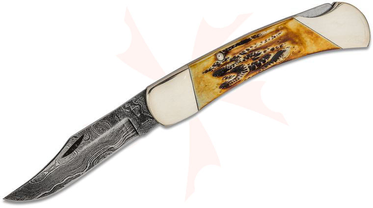 Bear & Son Folding Knife 3.75 inch Damascus Blade, Genuine India Stag Bone Handles, Leather Sheath