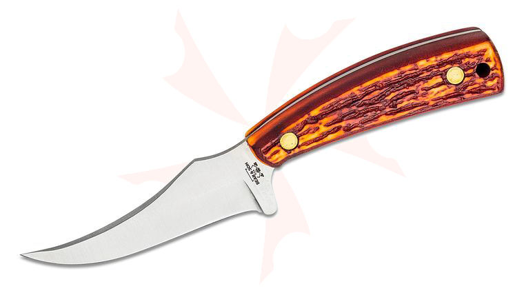 Bear & Son Upswept Palm Skinner Fixed 3-1/8 inch 440 Stainless Blade, Stag Delrin Handle, Leather Sheath