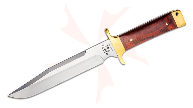 Bear & Son Freedom Fighting Bowie Knife 8 inch D2 Satin Blade, Cocobola Wood Handle with Brass Guard and Pommel, Leather Sheath