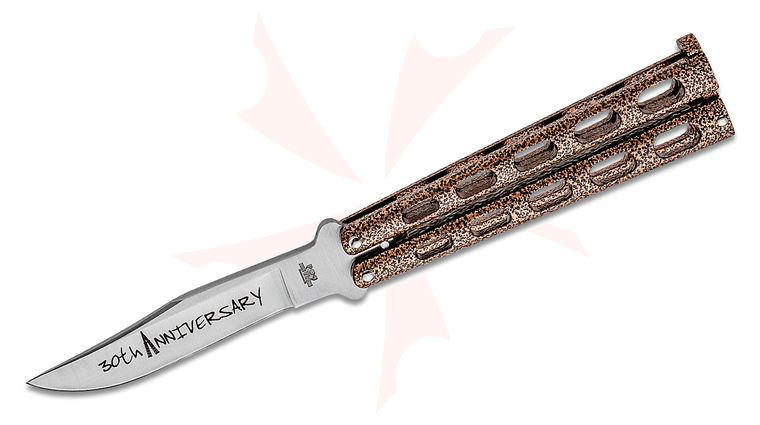 Bear & Son 30th Anniversary 114CV Balisong Butterfly Knife 4.25 inch Satin Clip Point Blade with Etching, Copper Vein Zinc Handles