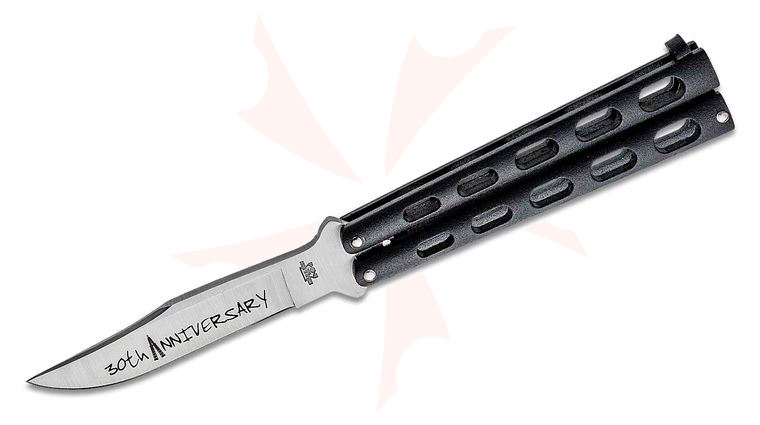 Bear & Son 30th Anniversary 114B Butterfly Knife 4.17 inch Satin Blade with Etching, Black Steel Handle