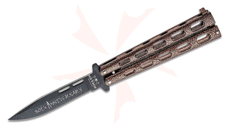Bear & Son 30th Anniversary 115CV Balisong Butterfly Knife 4.125 inch Black Drop Point Blade with Etching, Copper Vein Zinc Handles