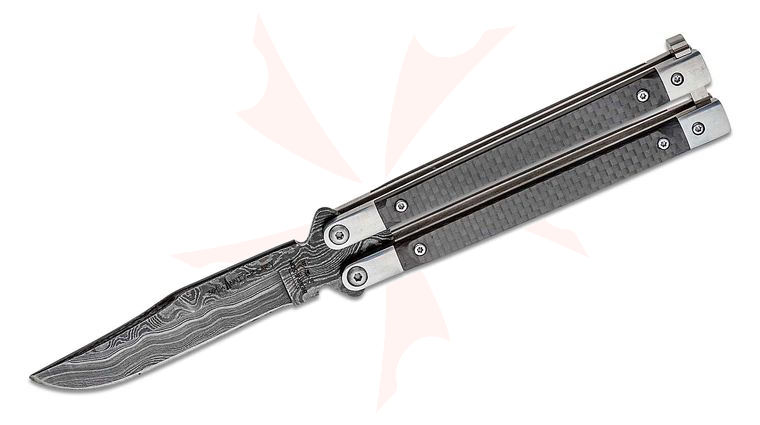 Bear & Son 30th Anniversary 5 inch Balisong Butterfly Knife Damascus Clip Point Blade with Etching, Carbon Fiber Handles