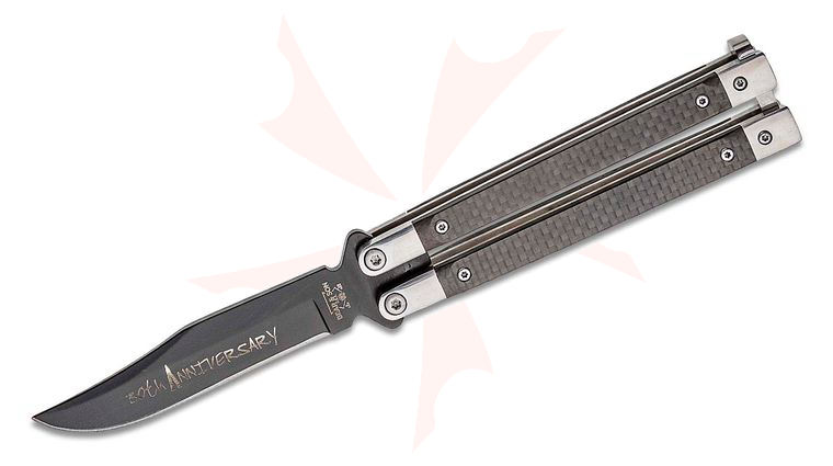 Bear & Son 30th Anniversary 5 inch Balisong Butterfly Knife Black Clip Point Blade with Etching, Carbon Fiber Handles