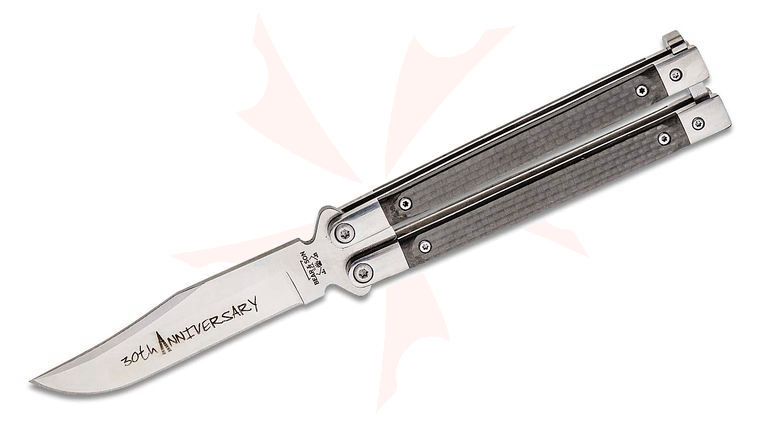 Bear & Son 30th Anniversary 5 inch Balisong Butterfly Knife CPM-S35VN Satin Clip Point Blade with Etching, Carbon Fiber Handles
