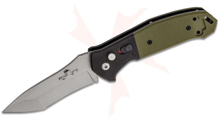 Bear OPS AC-500-B4-P Bold Action V AUTO 3.2 inch Bead Blasted 14C28N Modified Tanto Blade, Green/Black G10 Handles