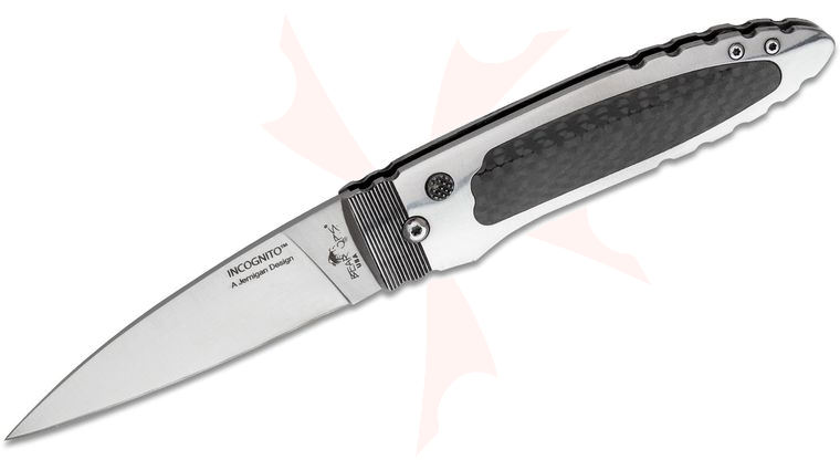 Bear OPS Incognito AUTO 2.625 inch Satin 14C28N Spear Point Blade, Gray Stainless Steel Handles w/ Carbon Fiber Inlays