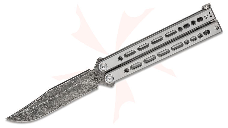 Bear OPS Bear Song VIII Butterfly Knife 4.49 inch Damascus Bowie Blade, Silver Cerakote Stainless Steel Handles