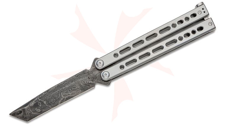 Bear OPS Bear Song VIII Butterfly Knife 4.49 inch Damascus Tanto Blade, Silver Cerakote Stainless Steel Handles