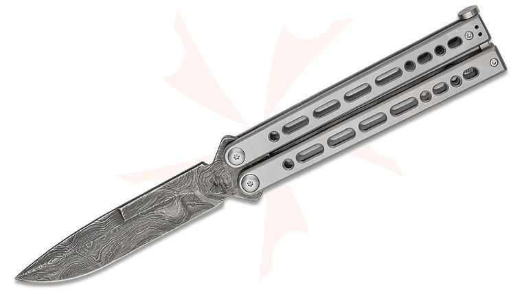 Bear OPS Bear Song VIII Butterfly Knife 4.49 inch Damascus Bayonet Blade, Silver Cerakote Stainless Steel Handles