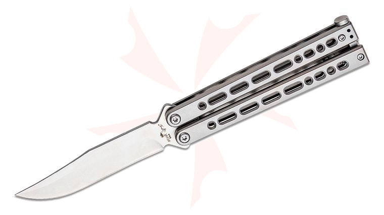 Bear OPS Small Bear Song VIII Butterfly Knife 3.75 inch 154CM Satin Bowie Blade, Silver Cerakote Stainless Steel Handles