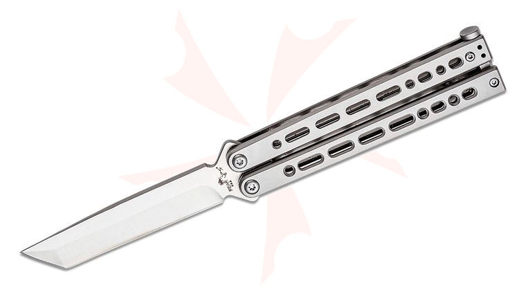 Bear OPS Small Bear Song VIII Butterfly Knife 3.75 inch 154CM Satin Tanto Blade, Silver Cerakote Stainless Steel Handles