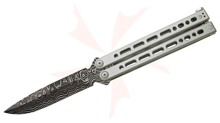 Bear OPS Small Bear Song VIII Butterfly Knife 3.75 inch Damascus Bayonet Blade, Silver Cerakote Stainless Steel Handles