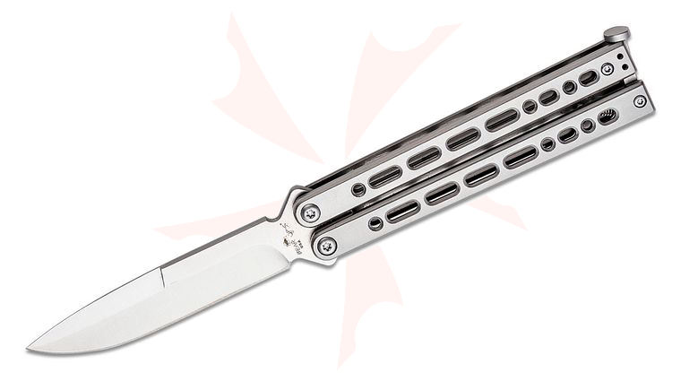 Bear OPS Small Bear Song VIII Butterfly Knife 3.75 inch 154CM Satin Bayonet Blade, Silver Cerakote Stainless Steel Handles