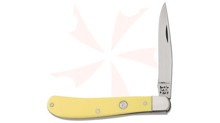 Bear & Son C3148 Yellow Delrin Trapper 3-7/8 inch Closed, Yellow Delrin Handles