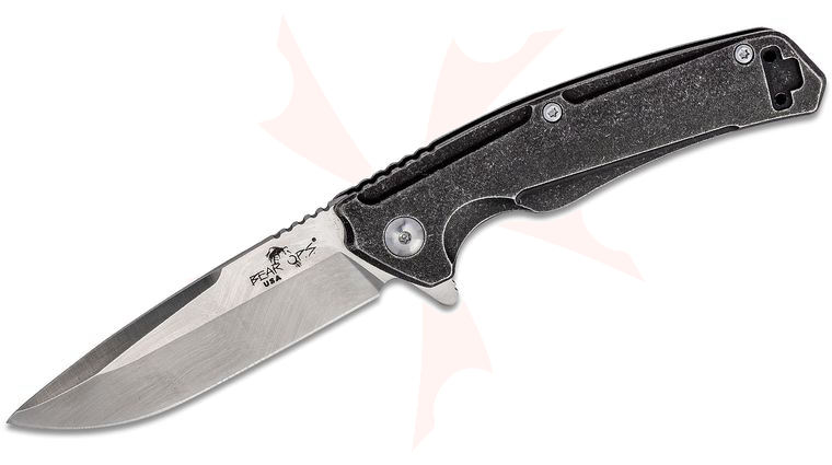 Bear OPS Rancor VII Flipper Knife 3.0 inch S35VN Satin Drop Point, Black Stonewashed Titanium Handles