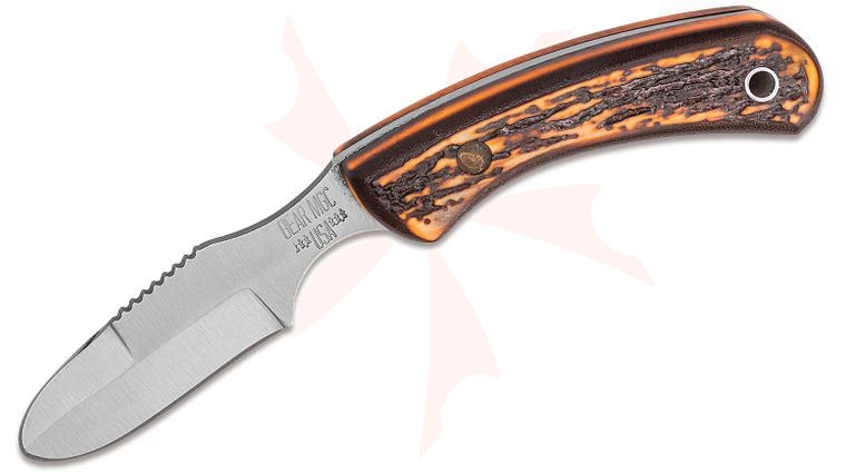 Bear & Son Stag Delrin Ergonomic Skinner Fixed 2.25 inch Plain Blade, Leather Sheath