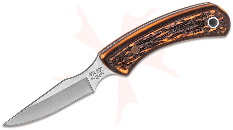 Bear & Son Stag Delrin Caper Fixed 2.5 inch Plain Blade, Leather Sheath