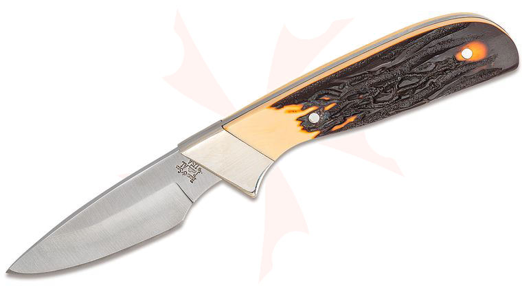 Bear & Son Stag Delrin Invincible Skinner Fixed 2.75 inch Plain Blade, Leather Sheath