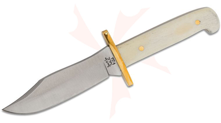 Bear & Son Baby Bowie 3 inch Satin Plain Blade, White Smooth Bone Handles, Leather Sheath