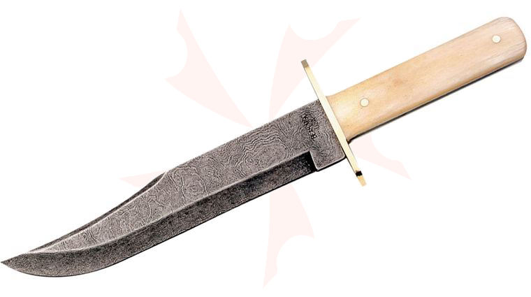 Bear & Son Bowie Knife Fixed 9 inch Damascus Blade, Smooth White Bone Handles, Brown Leather Sheath