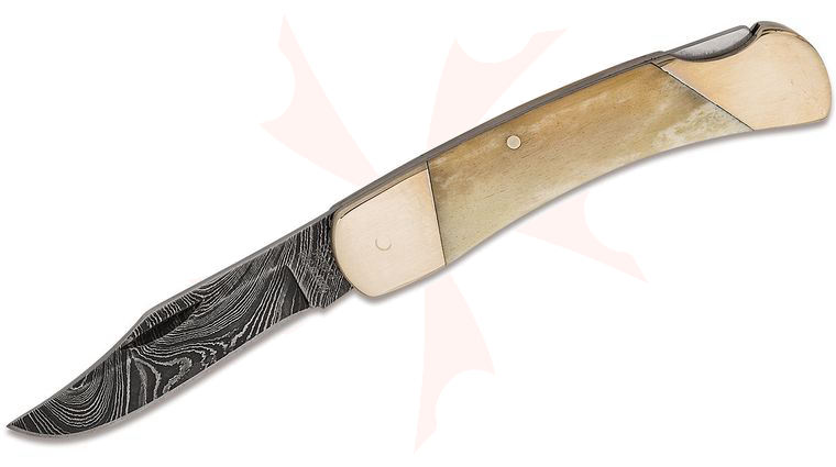 Bear & Son WSB05D Midsize Lockback Folder 2.75 inch Damascus Plain Blade, White Smooth Bone Handles