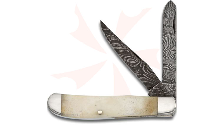 Bear & Son WSB07D Damascus Mini Trapper 3.5 inch Closed, Smooth White Bone Handles