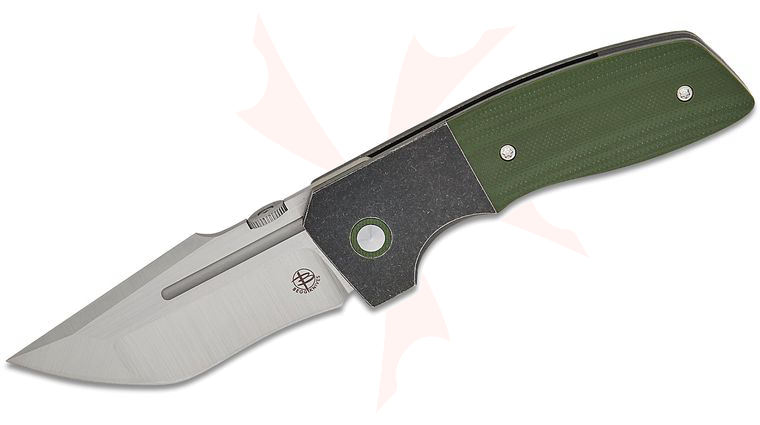 Begg Knives BG062 One Bolster Lock Folding Knife 3.07 inch VG-10 Satin Recurve Tanto Blade, Dark Stonewashed Bolstered Stainless Steel Handles with OD Green G10 Onlays