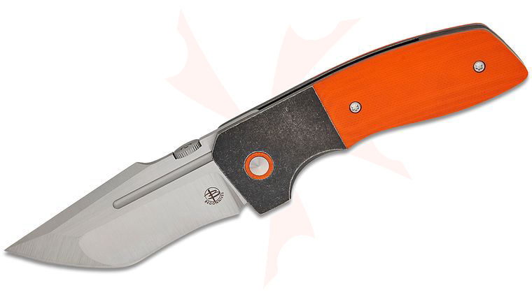 Begg Knives BG063 One Bolster Lock Folding Knife 3.07 inch VG-10 Satin Recurve Tanto Blade, Dark Stonewashed Bolstered Stainless Steel Handles with Orange G10 Onlays