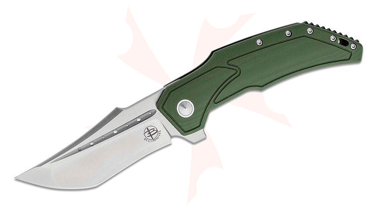Begg Knives BG007 Steelcraft Series Astio EDC Flipper Knife 3.5 inch D2 Satin Recurve Tanto Blade, Machined OD Green G10 and Stainless Steel Handles