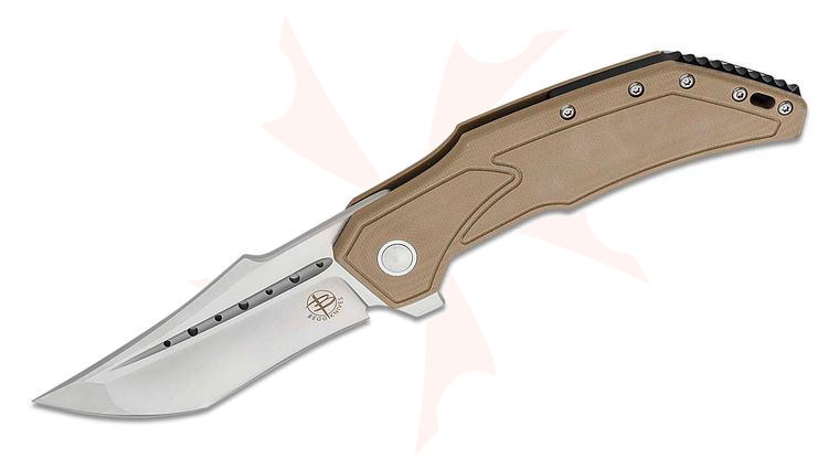 Begg Knives BG009 Steelcraft Series Astio EDC Flipper Knife 3.5 inch D2 Satin Recurve Tanto Blade, Machined Tan G10 and Stainless Steel Handles