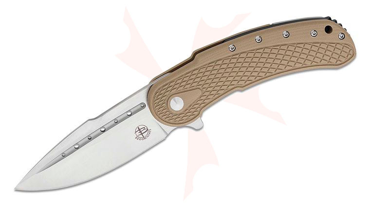 Begg Knives BG011 Steelcraft Series Bodega EDC Flipper Knife 3.5 inch D2 Satin Drop Point Blade, Machined Tan G10 and Stainless Steel Handles