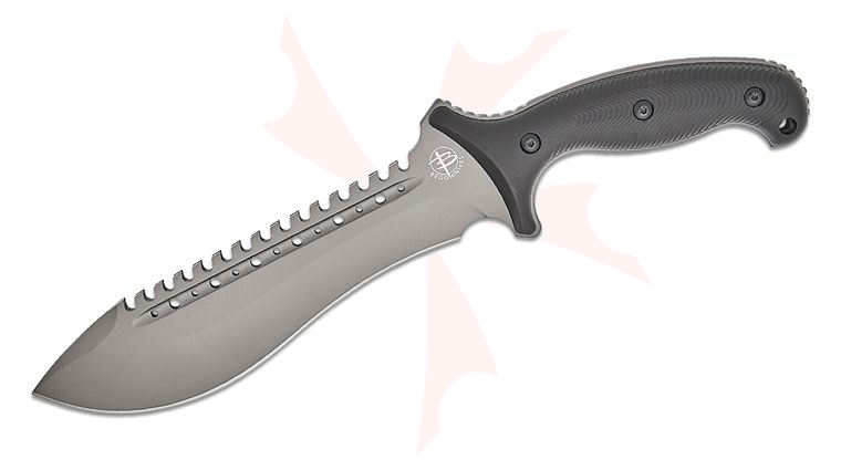 Begg Knives BG025 Steelcraft Series Bolo Fixed Blade Knife 8 inch AUS-10 Gray PVD Sawback Blade, Milled Black Injection Molded Handles, Boltaron Sheath