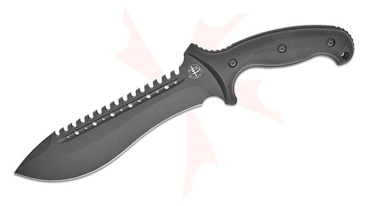 Begg Knives BG024 Steelcraft Series Bolo Fixed Blade Knife 8 inch AUS-10 Black PVD Sawback Blade, Milled Black Injection Molded Handles, Boltaron Sheath