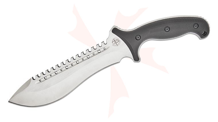Begg Knives BG023 Steelcraft Series Bolo Fixed Blade Knife 8 inch AUS-10 Satin Sawback Blade, Milled Black Injection Molded Handles, Boltaron Sheath
