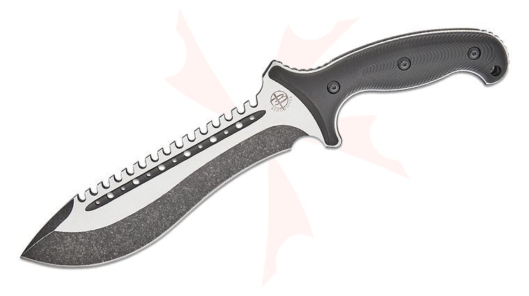 Begg Knives BG022 Steelcraft Series Bolo Fixed Blade Knife 8 inch AUS-10 Black PVD Two-Tone Sawback Blade, Milled Black Injection Molded Handles, Boltaron Sheath