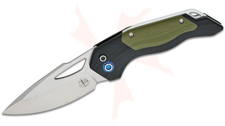 Begg Knives BG057 Steelcraft Series Rod Olson//JVO Galaxy Button Lock Folding Knife 3.25 inch VG-10 Satin Harpoon Blade, Machined Black and Green G10 Handles